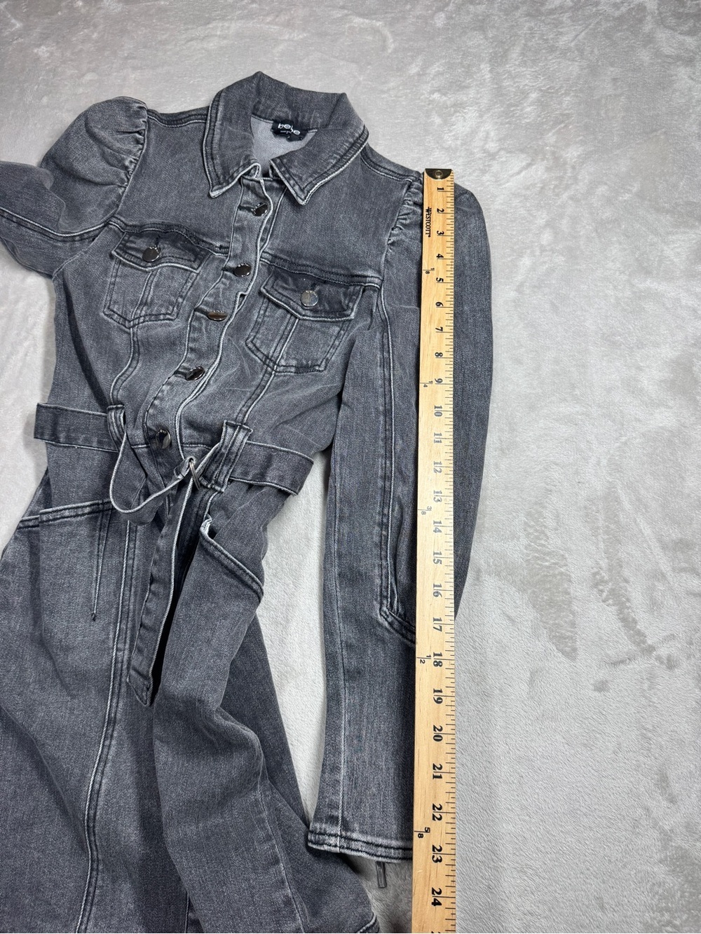 Bebe Puff Sleeves Faded Black Denim Jean Buttoned Belted Mini Dress Size 2 - Picture 11 of 16